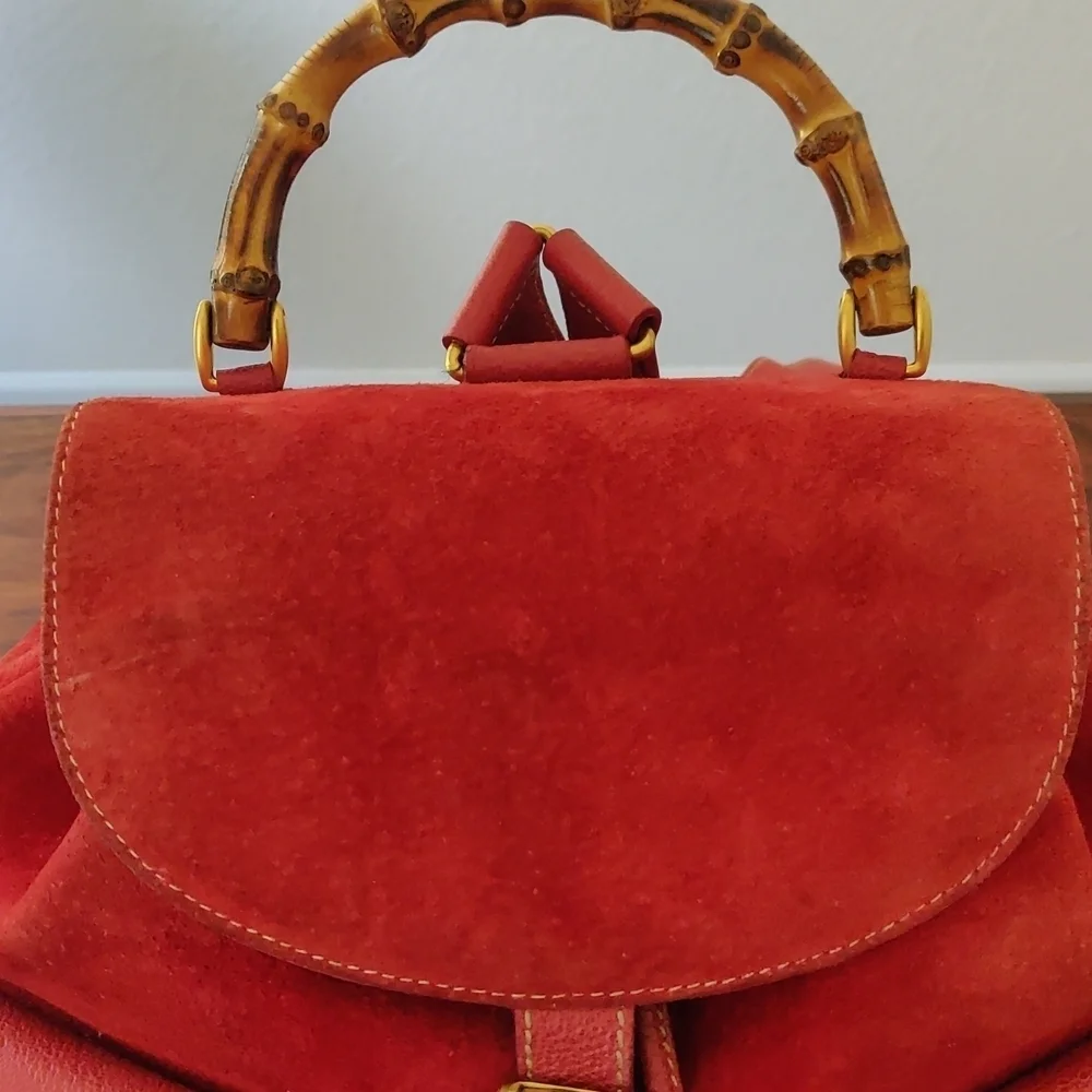 Red Suede Gucci Backpack Vintage Bamboo - Picture 5 of 17